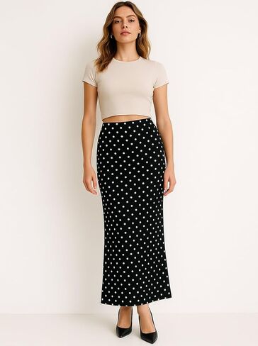 Womens Polka Dot Maxi Skirt Elegant High Waist Bodycon Long Skirts Casual Trendy in Saudi Arabia