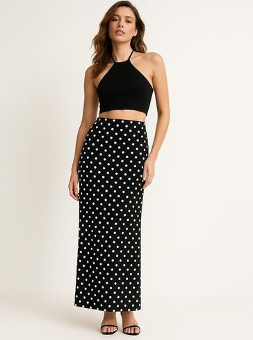 Womens Polka Dot Maxi Skirt Elegant High Waist Bodycon Long Skirts Casual Trendy in Saudi Arabia