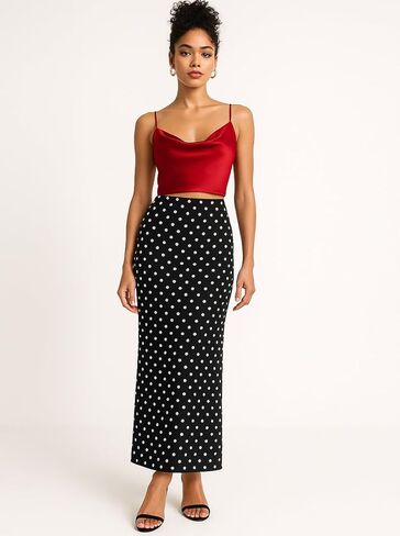 Womens Polka Dot Maxi Skirt Elegant High Waist Bodycon Long Skirts Casual Trendy in Saudi Arabia