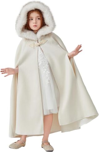 BEAUTELICATE Flower Girl Hooded Cape Wool Cloak Hood with Fur Trim Wedding Bridesmaid in Saudi Arabia