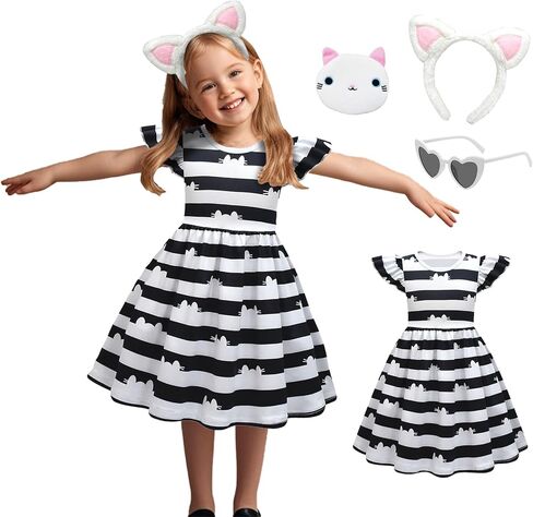 Cat Costume Ruffle Sleeve Casual Dresses With Headband Wallet And Glasses Halloween Birthday Party Outfits in Saudi Arabia