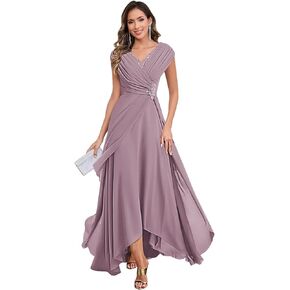 Beaded Mother of The Bride Dresses with Cape Sleeves V Neck Chiffon Pleated Tea Length Formal Evening Gown in Saudi Arabia