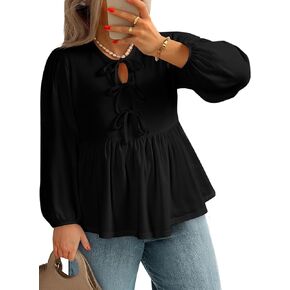 AlvaQ إمرأة حجم كبير بلايز خريف موضة ربطة القوس فيونكة أمامية نفخة كم Crewneck بيبي دول بيبلوم البلوزات قميص L-4XL in Kuwait