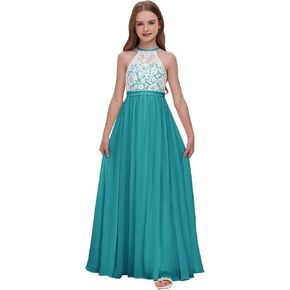 Chiffon Junior Bridesmaid Dress for Wedding Lace Applique Halter Sleeveless A-Line Long Formal Flower Girl Dress in Kuwait