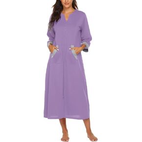 Ekouaer Women Zipper Robe 3/4 Sleeves Loungewear Dress Full Length Sleepwear Pockets Housecoat Nightgown Long Bathrobe in Kuwait