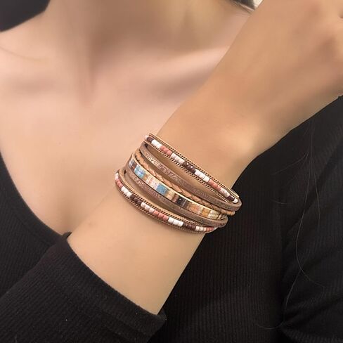 Tree of Life Boho Leather Bracelet for Women: Adjustable Pearl & Crystal Wrap Cuff, Bohemian Leopard Print Wide Bracelet, Gift for Her in Saudi Arabia