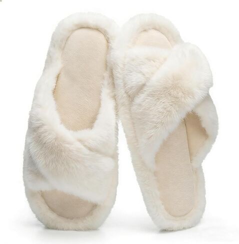 Women's Fuzzy Slippers Cross Band Slippers for Women House Shoes for Women Memory Foam Open Toe Quiet in Saudi Arabia