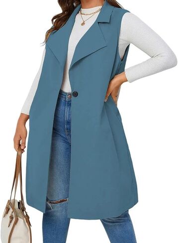 Plus Size Long Vest for Women Sleeveless Jacket, Fall Coat Knee Length Long Blazer for Women Casual Outfits in Kuwait