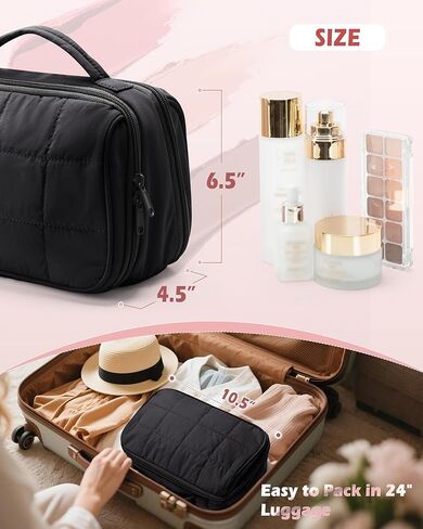 Travel Makeup Bag for Women, Puffy Cosmetics Organizer with Waterproof Pockets, Toiletry Pouch for Makeup Brushes, Skincare & Travel Essentials, Black (Bag Only) in Saudi Arabia