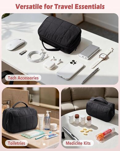 Travel Makeup Bag for Women, Puffy Cosmetics Organizer with Waterproof Pockets, Toiletry Pouch for Makeup Brushes, Skincare & Travel Essentials, Black (Bag Only) in Saudi Arabia