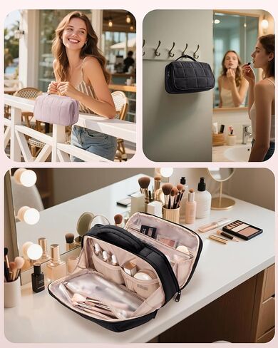Travel Makeup Bag for Women, Puffy Cosmetics Organizer with Waterproof Pockets, Toiletry Pouch for Makeup Brushes, Skincare & Travel Essentials, Black (Bag Only) in Saudi Arabia