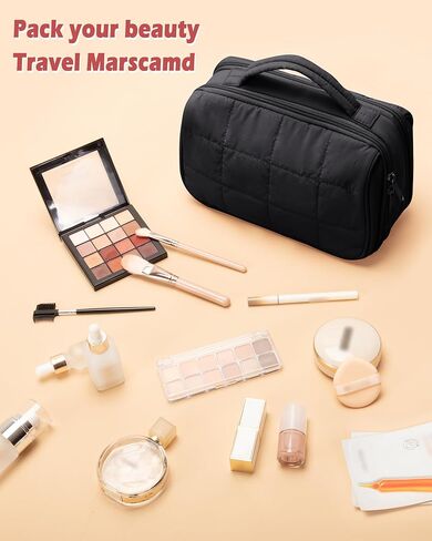 Travel Makeup Bag for Women, Puffy Cosmetics Organizer with Waterproof Pockets, Toiletry Pouch for Makeup Brushes, Skincare & Travel Essentials, Black (Bag Only) in Saudi Arabia