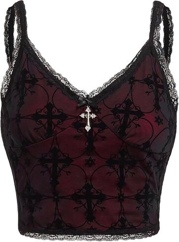 Verdusa Women's Gothic Clothes Lace Goth Crop Tops Witchy Grunge Cami Emo Shirt in Saudi Arabia