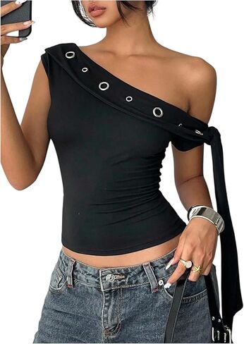 SweatyRocks Women's One Off The Shoulder Tops Tie Knot Slim Fit Going Out Y2K Punk Crop Top in Saudi Arabia