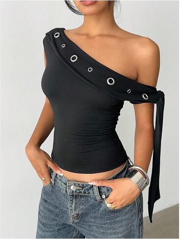 قطعة علوية نسائية من SweatyRocks بدون أكتاف وعقدة عنق وقصة ضيقة للخروج Y2K Punk in Kuwait