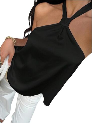 SOLY HUX Women's Summer Halter Tops Silk Satin Tie Backless Sleeveless Going Out Top in Saudi Arabia