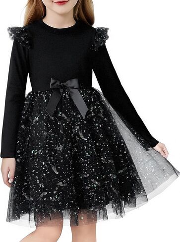 Girl Tulle Dresses Long Sleeve Sequins Girls Tutu Dress Fall Winter Cute Ruffle Holiday Party 4-12Y in Saudi Arabia