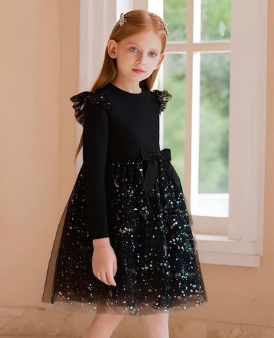 Girl Tulle Dresses Long Sleeve Sequins Girls Tutu Dress Fall Winter Cute Ruffle Holiday Party 4-12Y in Saudi Arabia