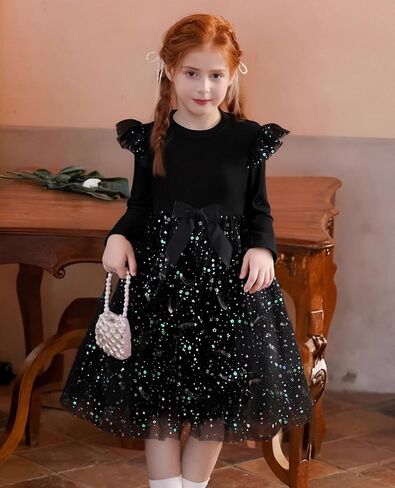 Girl Tulle Dresses Long Sleeve Sequins Girls Tutu Dress Fall Winter Cute Ruffle Holiday Party 4-12Y in Saudi Arabia