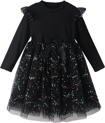 Girl Tulle Dresses Long Sleeve Sequins Girls Tutu Dress Fall Winter Cute Ruffle Holiday Party 4-12Y in Saudi Arabia