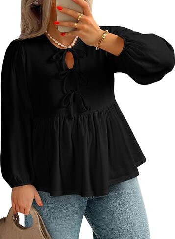 AlvaQ إمرأة حجم كبير بلايز خريف موضة ربطة القوس فيونكة أمامية نفخة كم Crewneck بيبي دول بيبلوم البلوزات قميص L-4XL in Kuwait