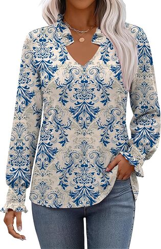 Women’s Long Sleeve Tops with Pleated Cuffs, Dressy Business Casual Blouses, Trendy Puff V Neck Tunic Shirts in Saudi Arabia