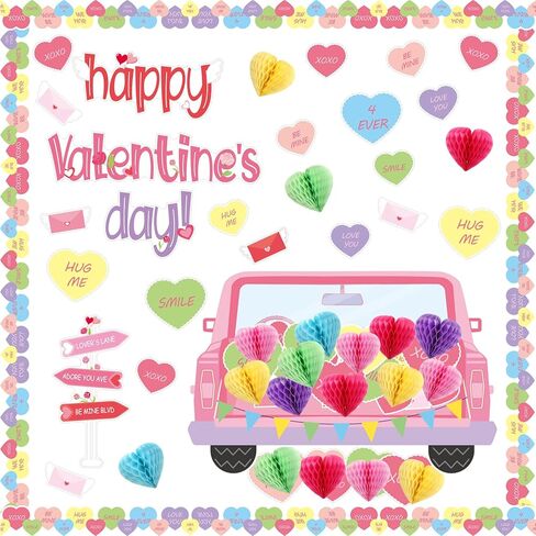 TaoBary 85 Pcs Valentine's Day Bulletin Board Set 3D Heart Honeycomb Owl Love Truck Bulletin Board Cutouts Valentine's Day Classroom Decorations for School Home Party Supplies(Vibrant) in Saudi Arabia