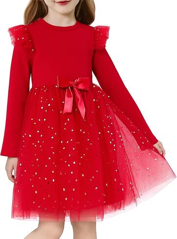 Girl Tulle Dresses Long Sleeve Sequins Girls Tutu Dress Fall Winter Cute Ruffle Holiday Party 4-12Y in Saudi Arabia