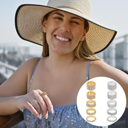UNICRAFTALE Rhinestone Stretch Rings Gold Silver Crystals Inlaid Rings Thumb Pinky Ring Fashion Crystal Stackable Finger Ring Set Diamond Elastic Accessories for Women in Saudi Arabia