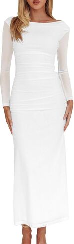 فستان نسائي طويل الأكمام من Bodycon Ruched شبكي، مثير أنيق لحفلات الكوكتيل، فساتين طويلة رسمية in Kuwait