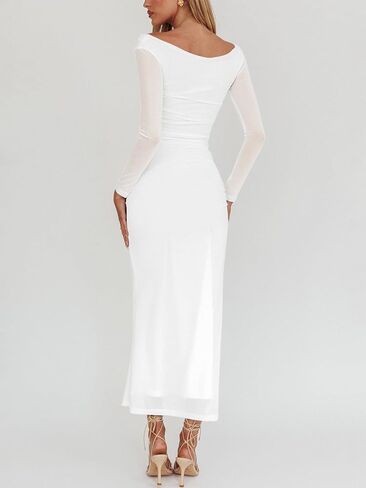 فستان نسائي طويل الأكمام من Bodycon Ruched شبكي، مثير أنيق لحفلات الكوكتيل، فساتين طويلة رسمية in Kuwait