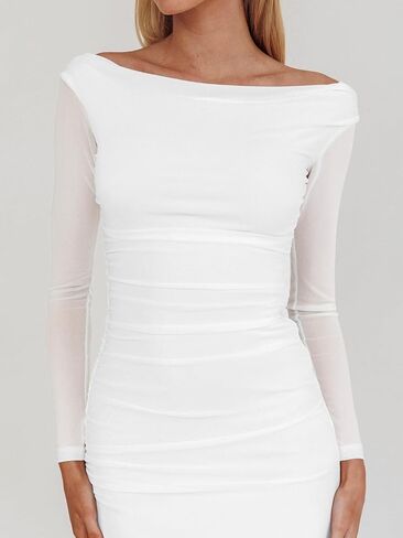 فستان نسائي طويل الأكمام من Bodycon Ruched شبكي، مثير أنيق لحفلات الكوكتيل، فساتين طويلة رسمية in Kuwait
