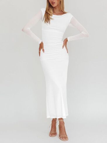 فستان نسائي طويل الأكمام من Bodycon Ruched شبكي، مثير أنيق لحفلات الكوكتيل، فساتين طويلة رسمية in Kuwait