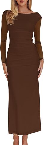 فستان نسائي طويل الأكمام من Bodycon Ruched شبكي، مثير أنيق لحفلات الكوكتيل، فساتين طويلة رسمية in Kuwait