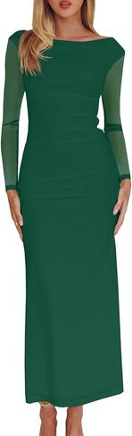 فستان نسائي طويل الأكمام من Bodycon Ruched شبكي، مثير أنيق لحفلات الكوكتيل، فساتين طويلة رسمية in Kuwait