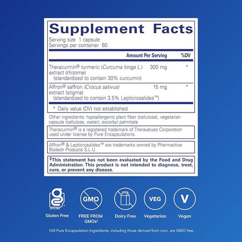 مغلفات نقية تهدئ العقل - مكمل مهدئ - مستخلص الزعفران ومكمل الثيراكورمين - يدعم عقلية هادئة - خالية من الغلوتين وغير معدلة وراثيًا ولا تسبب الحساسية - 60 كبسولة (60 حصة) in Kuwait