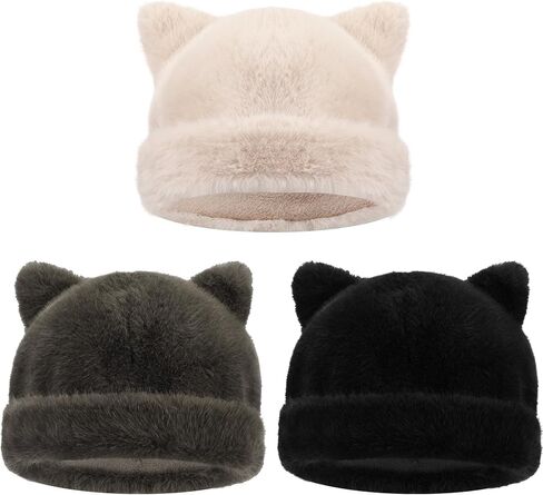 Cuffbow 3 Pcs Cute Fuzzy Hats Cat Ear Beanie for Women Faux Fur Bunny Ear Winter Beanie Hat Soft Plush Warm for Women Supplies in Saudi Arabia