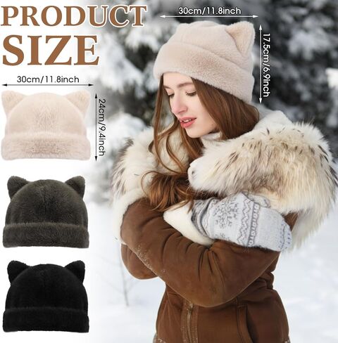 Cuffbow 3 Pcs Cute Fuzzy Hats Cat Ear Beanie for Women Faux Fur Bunny Ear Winter Beanie Hat Soft Plush Warm for Women Supplies in Saudi Arabia