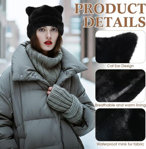 Cuffbow 3 Pcs Cute Fuzzy Hats Cat Ear Beanie for Women Faux Fur Bunny Ear Winter Beanie Hat Soft Plush Warm for Women Supplies in Saudi Arabia