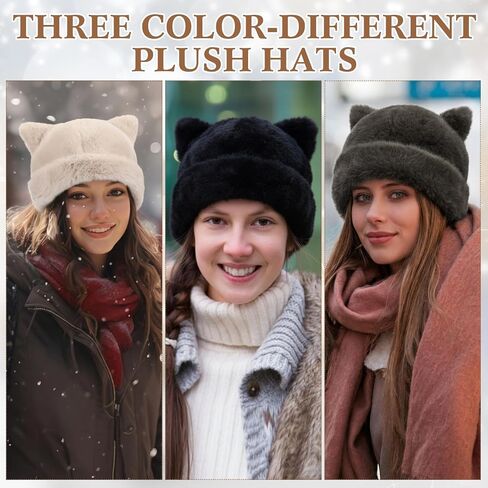 Cuffbow 3 Pcs Cute Fuzzy Hats Cat Ear Beanie for Women Faux Fur Bunny Ear Winter Beanie Hat Soft Plush Warm for Women Supplies in Saudi Arabia