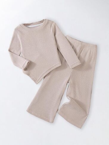 Girls Ribbed Knit Two-Piece Set, Long Sleeve Irregular Top and Wide Leg Pants, Beige, Cozy Casual Wear in Saudi Arabia