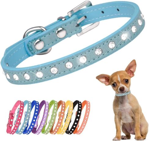 Cute Dazzling Sparkling Elegant Fancy Suede Leather 1 Rows Bling Rhinestone Crystal Jeweled Small Pet Cat Dog Puppy Collar (Pink, XS) in Kuwait
