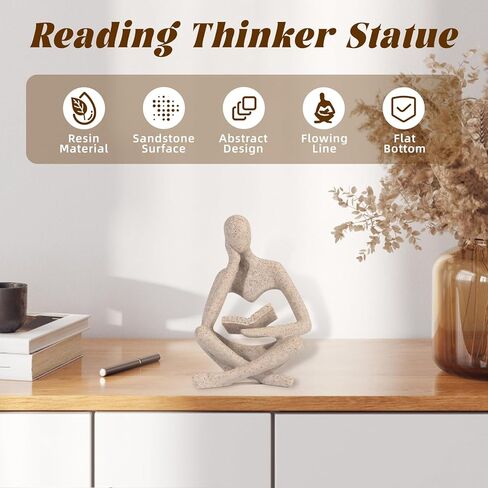 Small Bookshelf Decor Coffee Table Sculpture Abstract Thinker Statue Reading Figurine Modern Neutral Home Decoration for Office Desk Shelf ,Gifts for Readers Book Lovers Women (Sandstone ,Beige) in Saudi Arabia