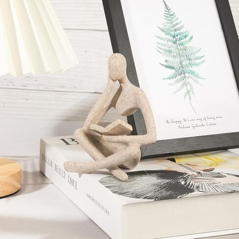 Small Bookshelf Decor Coffee Table Sculpture Abstract Thinker Statue Reading Figurine Modern Neutral Home Decoration for Office Desk Shelf ,Gifts for Readers Book Lovers Women (Sandstone ,Beige) in Saudi Arabia