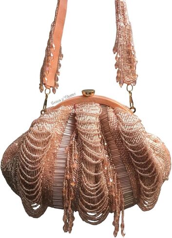 Multi layer Beaded Potli Bags for Women Evening Bag Clutch Sparkling Party Shoulder Handbag Wedding Bag with Chain - Rose Gold in Saudi Arabia