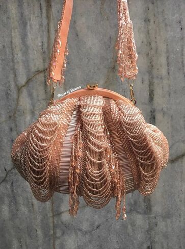 Multi layer Beaded Potli Bags for Women Evening Bag Clutch Sparkling Party Shoulder Handbag Wedding Bag with Chain - Rose Gold in Saudi Arabia