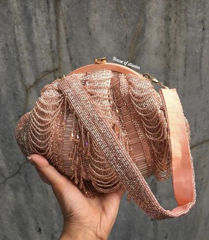 Multi layer Beaded Potli Bags for Women Evening Bag Clutch Sparkling Party Shoulder Handbag Wedding Bag with Chain - Rose Gold in Saudi Arabia