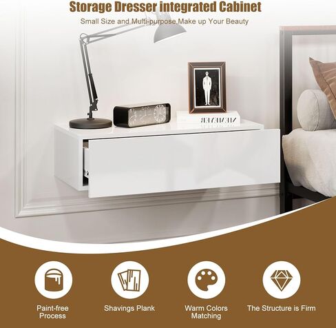 White Modern Floating Wall Mounted Nightstand with Drawer Storage Wood Bedside Table Small Wall Shelf for Bedroom Living Room in Saudi Arabia