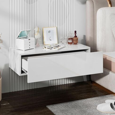 White Modern Floating Wall Mounted Nightstand with Drawer Storage Wood Bedside Table Small Wall Shelf for Bedroom Living Room in Saudi Arabia