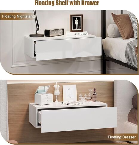 White Modern Floating Wall Mounted Nightstand with Drawer Storage Wood Bedside Table Small Wall Shelf for Bedroom Living Room in Saudi Arabia